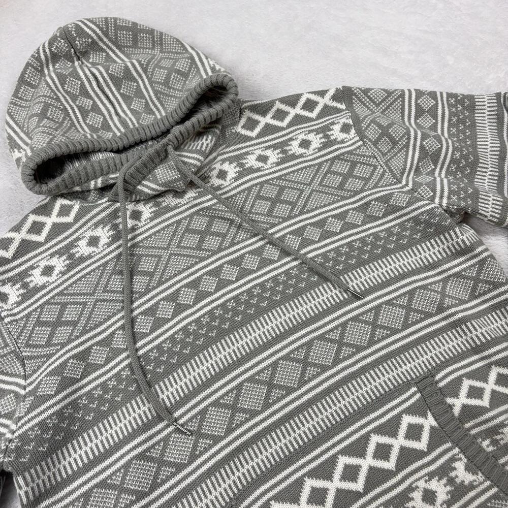 The Slope Pullover Sweater Men L Gray Fair Isle Hooded Pockets Acrylic